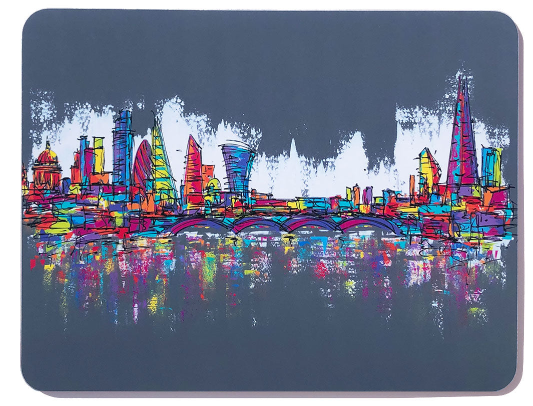 Rectangular melamine chopping board with artwork of a colourful London skyline on grey background by artist Hannah van Bergen