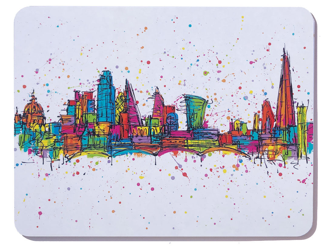Rectangular melamine chopping board with artwork of a colourful London skyline on white background with colour splashes by artist Hannah van Bergen