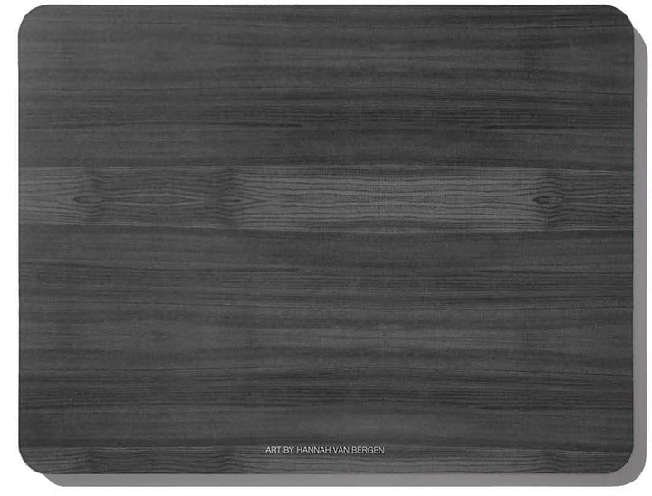 Back of melamine chopping board showing grey woodgrain effect