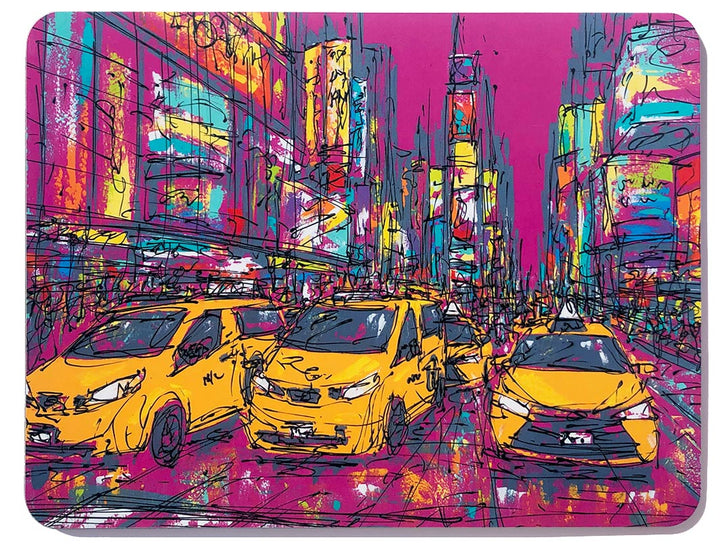 Colourful rectangular melamine chopping board of the bustle of Times Square on bright pink background with yellow taxis by artist Hannah van Bergen