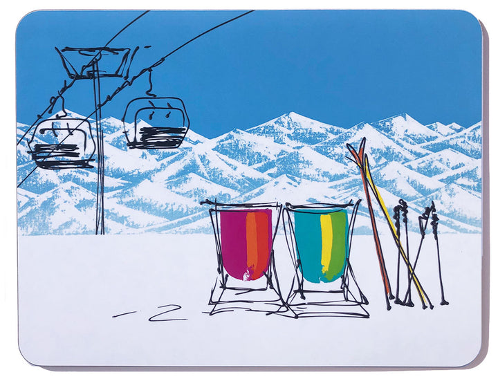 Ski scene melamine chopping board with 2 deckchairs and pairs of skis in the snow by artist Hannah van Bergen