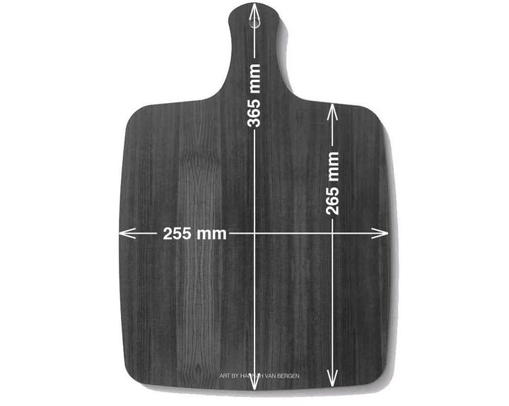 Reverse of melamine chopping board with grey woodgrain effect showing dimensions