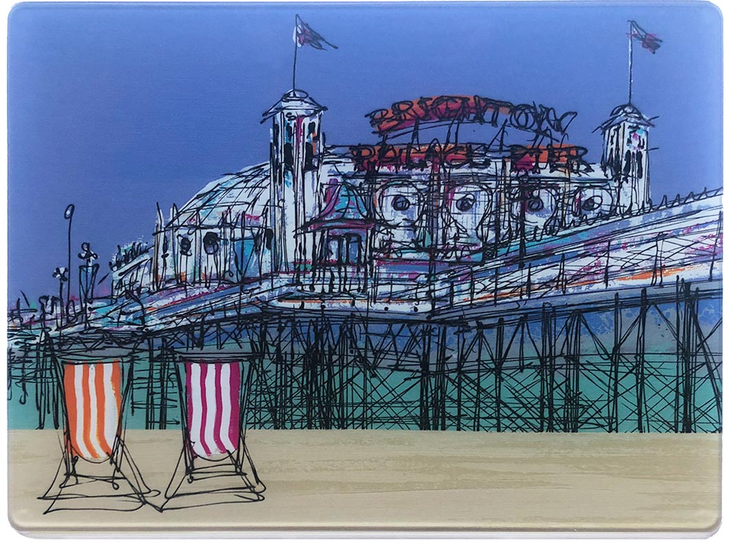 Glass platter / worktop saver with artwork of 2 stripey deckchairs on Brighton beach with Palace Pier in background by artist Hannah van Bergen