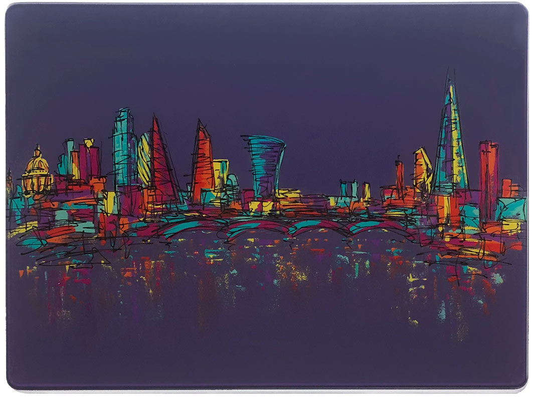 Glass platter / worktop saver with artwork of a colourful London skyline on purple background with reflections in the Thames by artist Hannah van Bergen