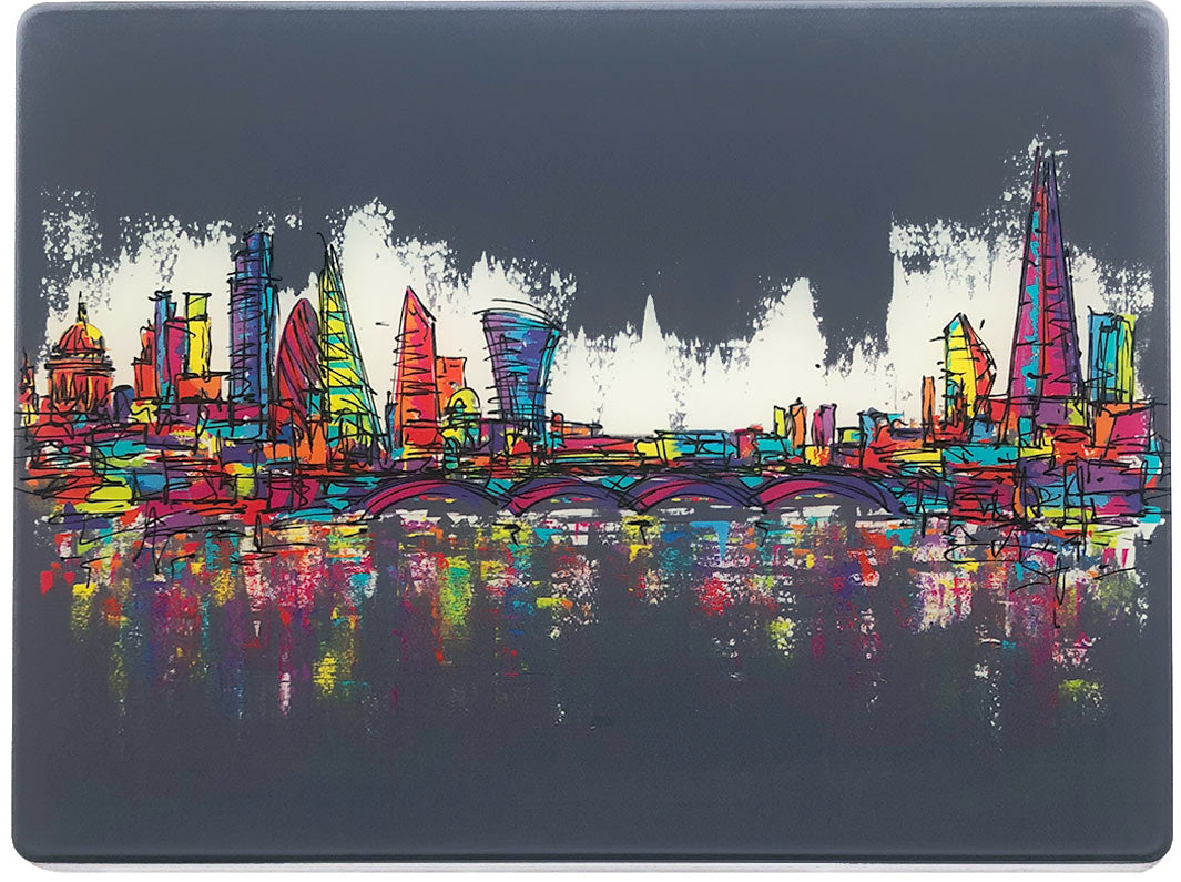 Glass platter / worktop saver with artwork of a colourful London skyline on grey background with reflections in the Thames by artist Hannah van Bergen