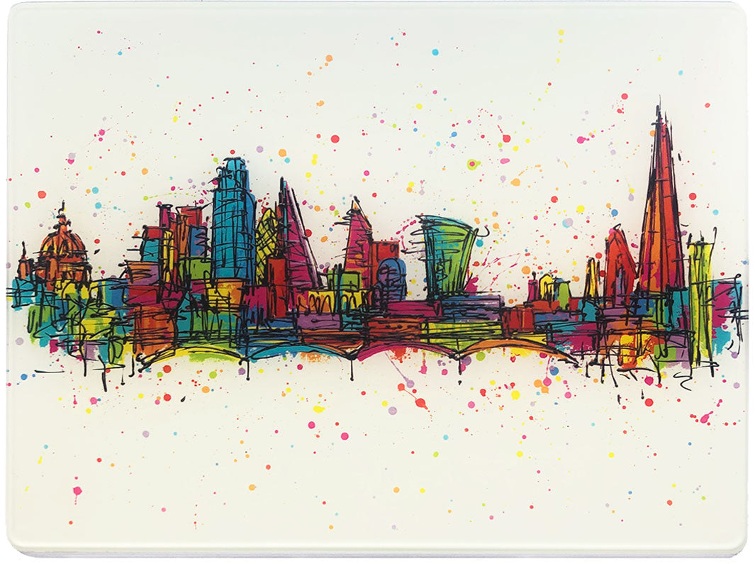 Glass platter / worktop saver with colourful artwork of the London skyline on white background with colour splashes by artist Hannah van Bergen