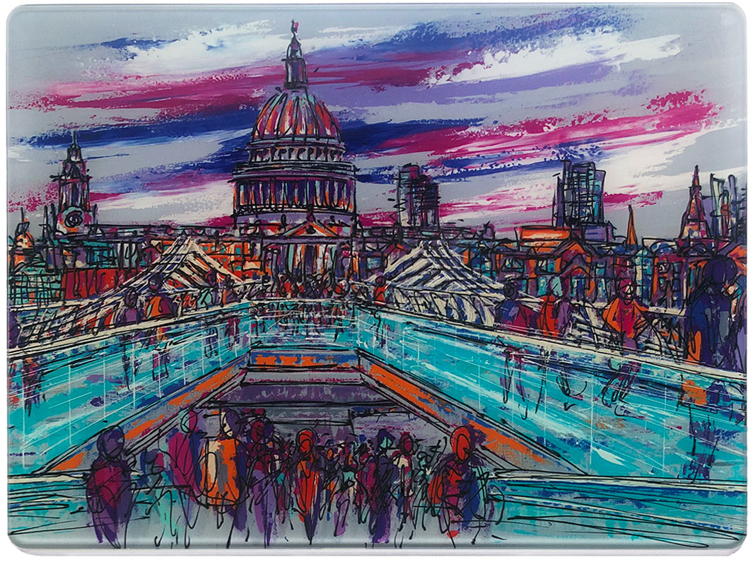 Glass platter / worktop saver with colourful artwork of St Paul's Cathedral London from Millennium Bridge by artist Hannah van Bergen