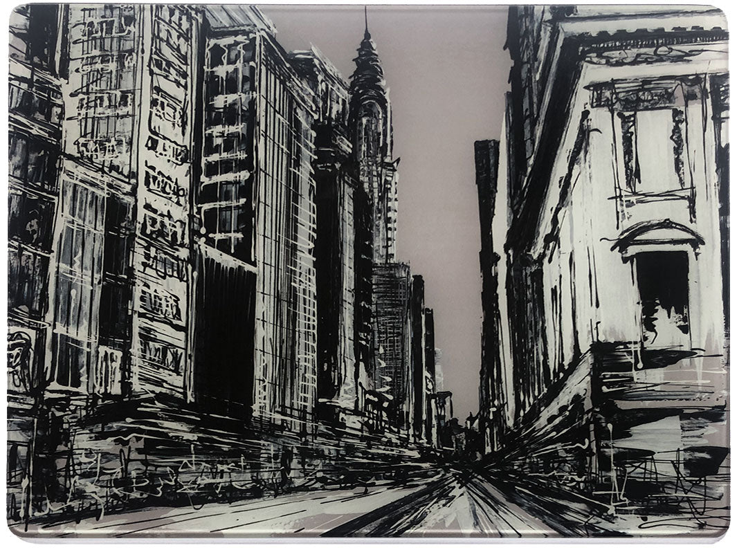 Glass platter / worktop saver with greyscale artwork of a street scene in midtown New York featuring the Chrysler building by artist Hannah van Bergen