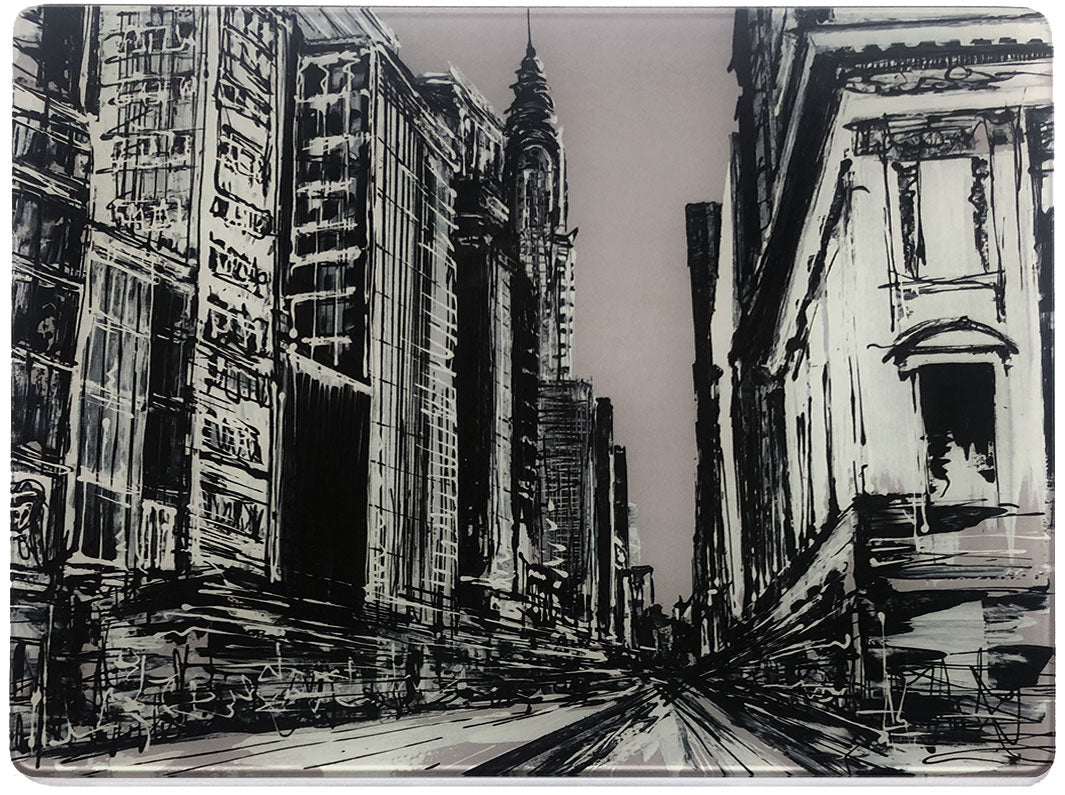 Glass platter / worktop saver with greyscale artwork of a street scene in midtown New York featuring the Chrysler building by artist Hannah van Bergen