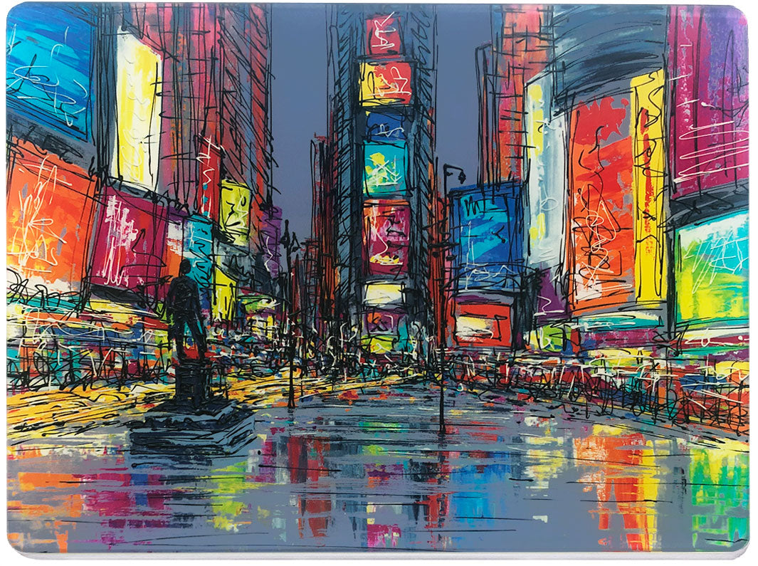 Glass platter / worktop saver with colourful artwork of Times Square with billboards on a grey background by artist Hannah van Bergen