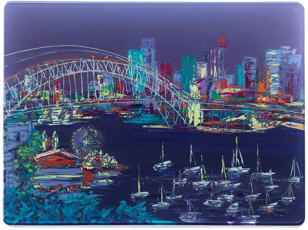 Glass platter / worktop saver with artwork of Sydney Harbour Bridge with skyline in background and funfair and boats at the fore on a purple background by artist Hannah van Bergen