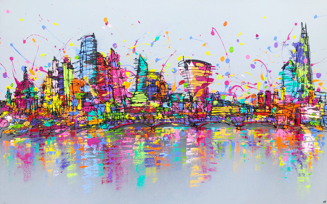 Original expressive large painting of colourful London skyline with splashes on grey background with reflections in River Thames by artist Hannah van Bergen