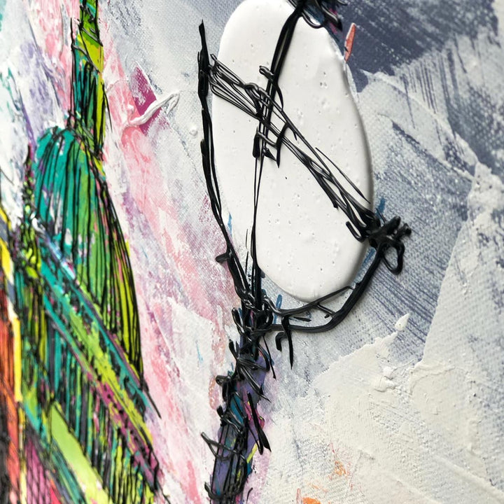Close up of textured lamp posts on original colourful painting of St Paul’s Cathedral and London skyline from Southbank by artist Hannah van Bergen