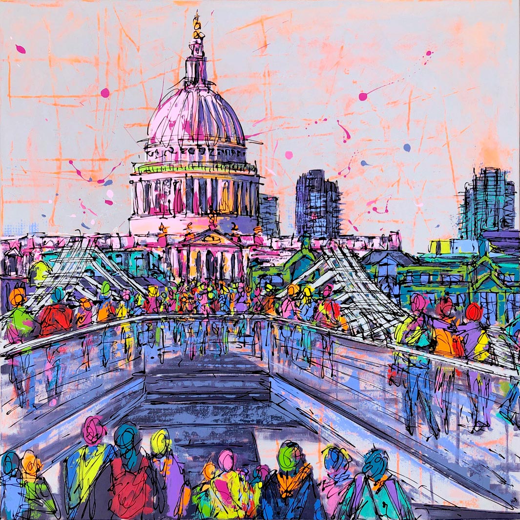 Original large colourful square painting of Millennium Bridge and St Paul’s Cathedral by artist Hannah van Bergen