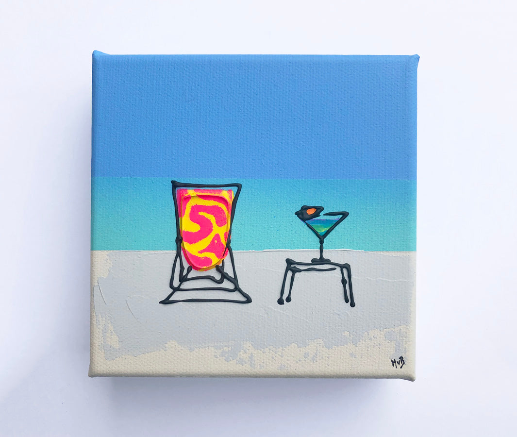 Original textured mini canvas painting of a colourful deckchair and cocktail on the beach with blue sky by artist Hannah van Bergen