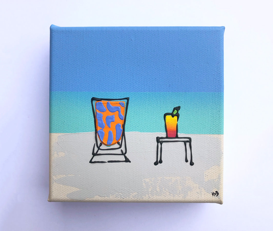 Original textured mini canvas painting of a colourful deckchair and cocktail on the beach with blue sky by artist Hannah van Bergen