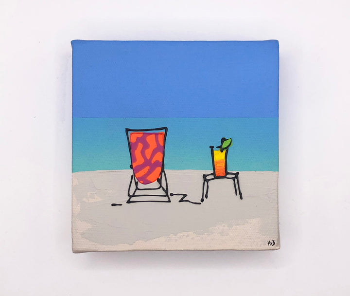 Original textured mini canvas painting of a colourful deckchair and cocktail on the beach with blue sky by artist Hannah van Bergen