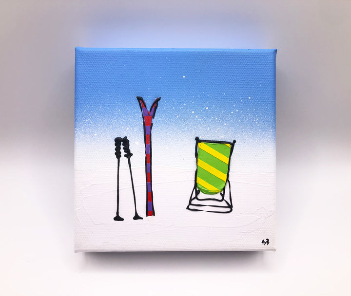 Original textured mini canvas painting of a colourful deckchair, skis and poles in the snow with blue sky by artist Hannah van Bergen