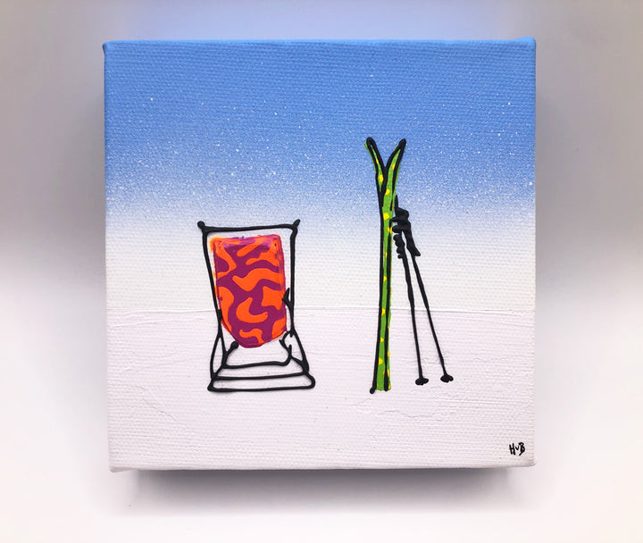 Original textured mini canvas painting of a colourful deckchair, skis and poles in the snow with blue sky by artist Hannah van Bergen