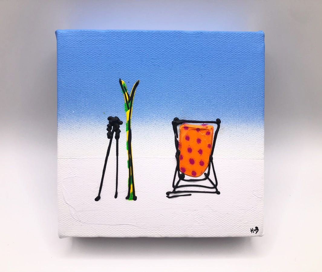 Original textured mini canvas painting of a colourful deckchair, skis and poles in the snow with blue sky by artist Hannah van Bergen