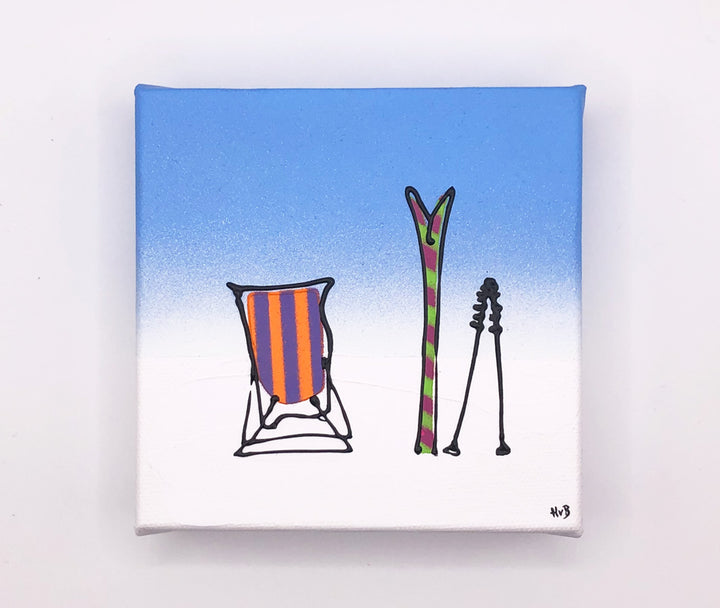 Original textured mini canvas painting of a colourful deckchair, skis and poles in the snow with blue sky by artist Hannah van Bergen