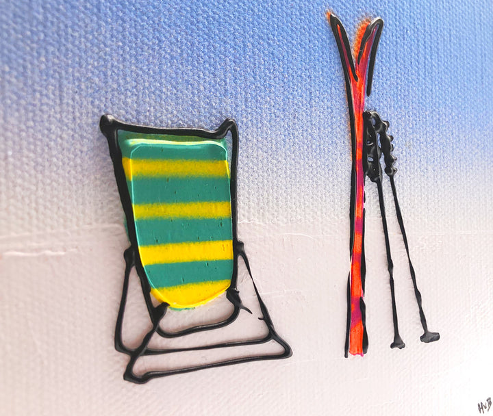 Close up of original textured mini canvas painting of a deckchair, skis and poles in the snow with blue sky by artist Hannah van Bergen