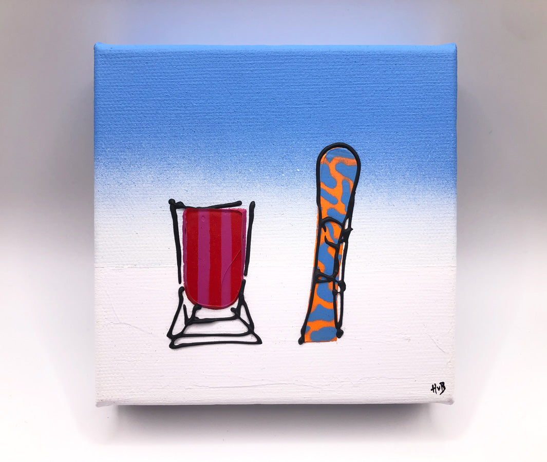 Original textured mini canvas painting of a colourful deckchair and snowboard in the snow with blue sky by artist Hannah van Bergen