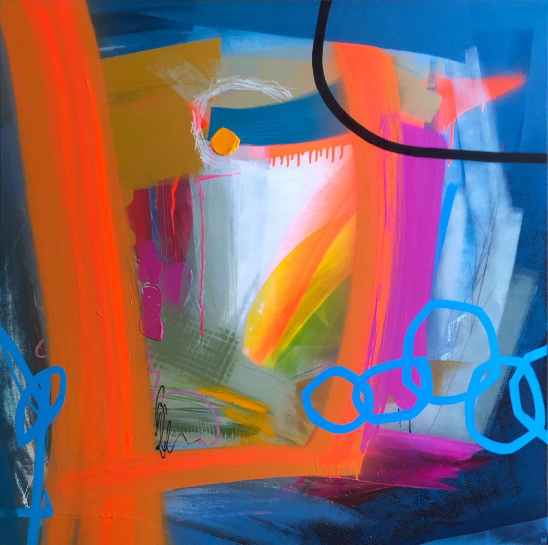 Original large square textured abstract painting with blues, oranges, pink, yellow, white and black by artist Hannah van Bergen. 