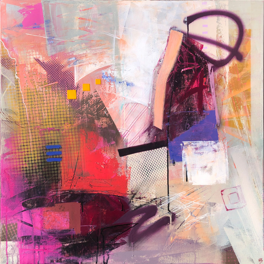 Original contemporary square textured urban abstract painting with geometric shapes and colours of crimson, ruby, red,  blue, yellow , pink, mustard, beige and grey by artist Hannah van Bergen. Spray paint, drips and paint strokes. 