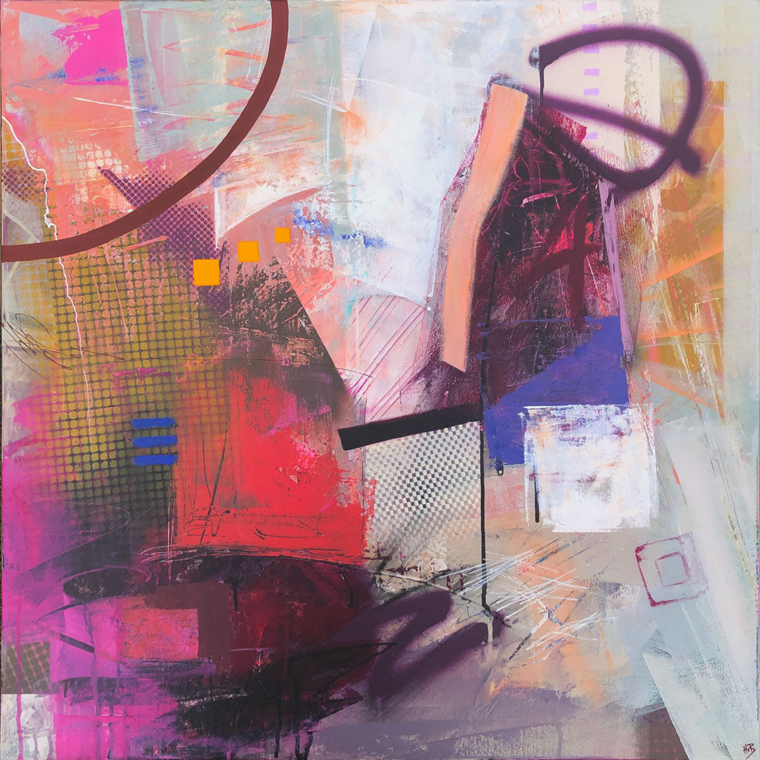 Original contemporary square textured urban abstract painting with geometric shapes and colours of crimson, ruby, red,  blue, yellow , pink, mustard, beige and grey by artist Hannah van Bergen. Spray paint, drips and paint strokes. 