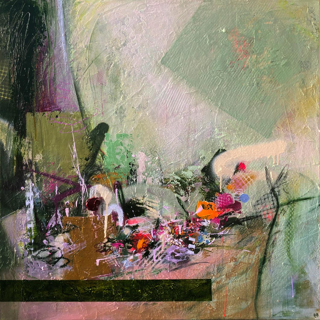 Original contemporary square textured abstract painting with greens and floral attributes by artist Hannah van Bergen. Spray paint and thick paint strokes. 