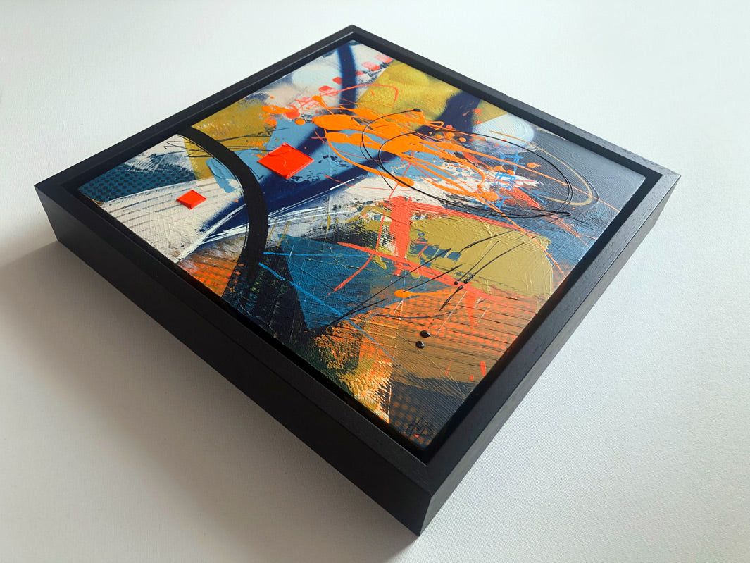 Original textured industrial abstract painting with blues, bright orange, mustard and black by artist Hannah van Bergen. Spray paint and thick paint strokes.