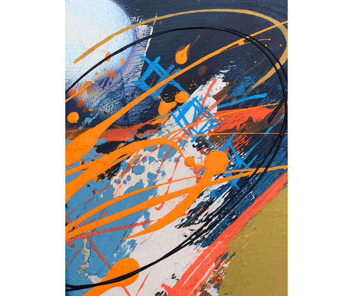 Close up of original textured industrial abstract painting with blues, bright orange, mustard and black by artist Hannah van Bergen. Spray paint and thick paint strokes.