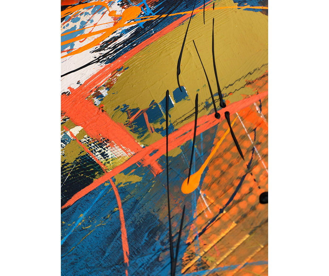 Close-up of original textured industrial abstract painting with blues, bright orange, mustard and black by artist Hannah van Bergen. Spray paint and thick paint strokes.