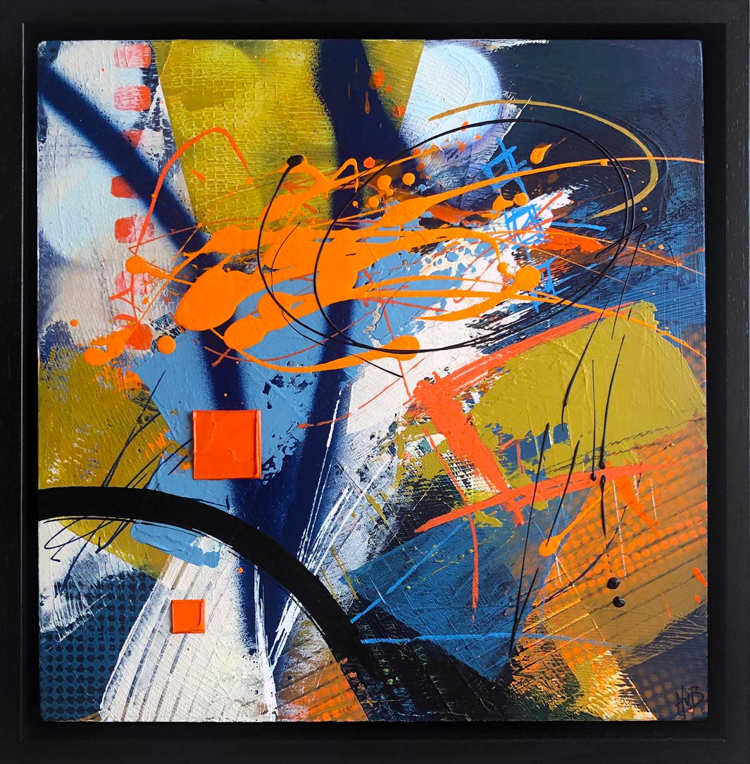 Original textured industrial abstract painting with blues, bright orange, mustard and black by artist Hannah van Bergen. Spray paint and thick paint strokes.