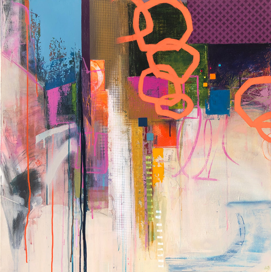 Original contemporary square textured urban abstract painting with mediterranean colours of purple, orange, blue, yellow and green by artist Hannah van Bergen. Spray paint, drips and paint strokes. 