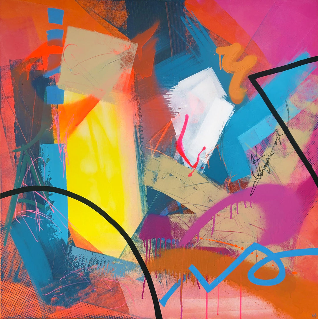 Original large square textured abstract painting with blues, oranges, reds, pink, yellow, white and black by artist Hannah van Bergen. 