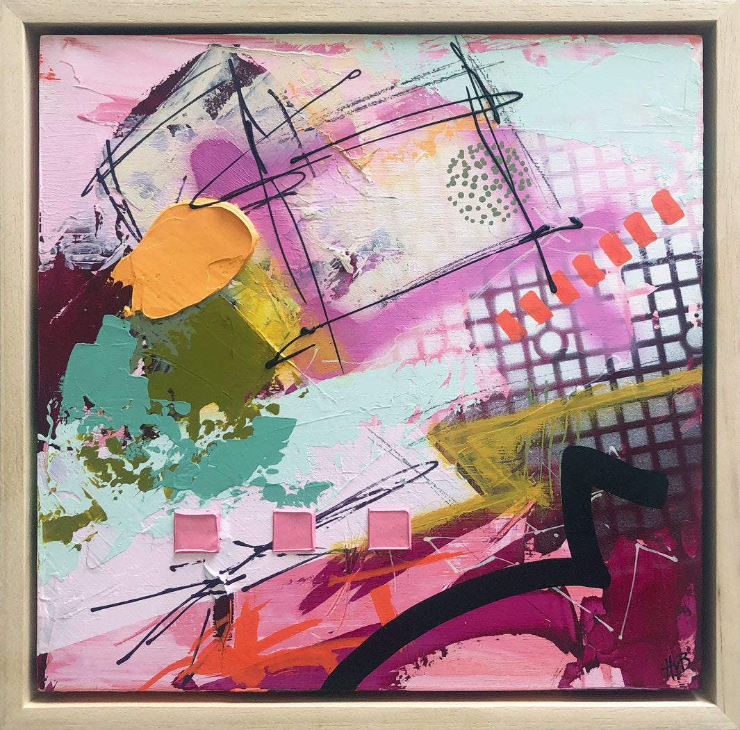Original textured industrial abstract painting with pinks, maroon, raspberry, peach colour, mint, mustard and black by artist Hannah van Bergen. Spray paint and thick paint strokes. Framed in natural wood frame.
