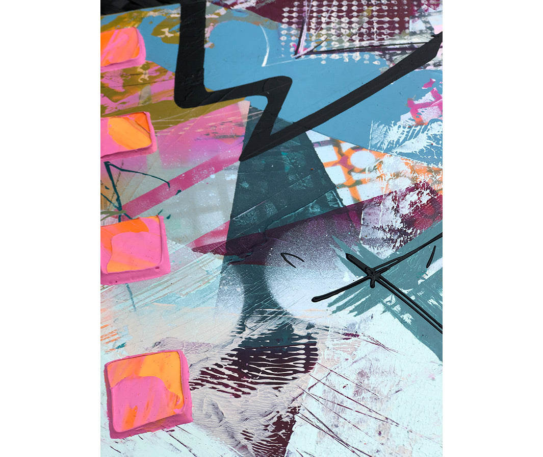 Close-up of original textured industrial abstract painting with sage, greens, pink, maroon, peach colour and black by artist Hannah van Bergen. Spray paint and thick paint strokes. Framed in white frame.