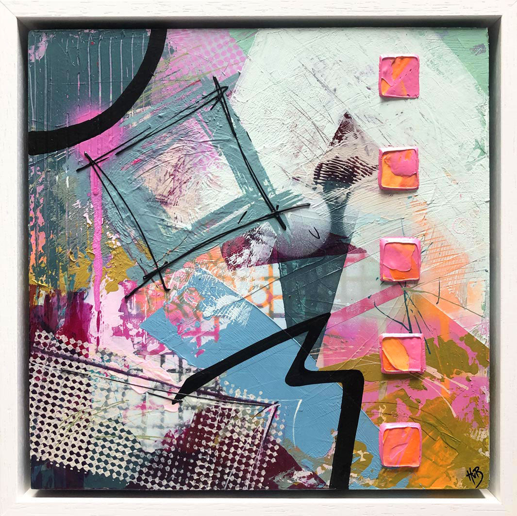 Original textured industrial abstract painting with sage, greens, pink, maroon, peach colour and black by artist Hannah van Bergen. Spray paint and thick paint strokes. Framed in white frame.