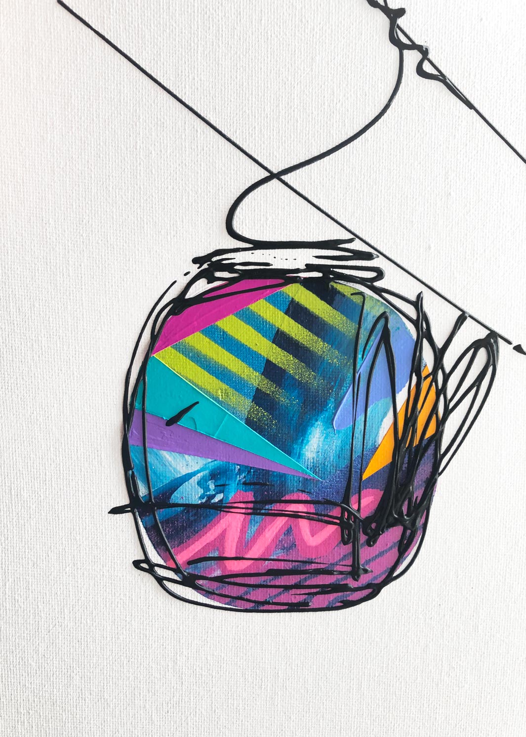 Close-up detail of colourful cable car in a ski resort on white background by artist Hannah van Bergen