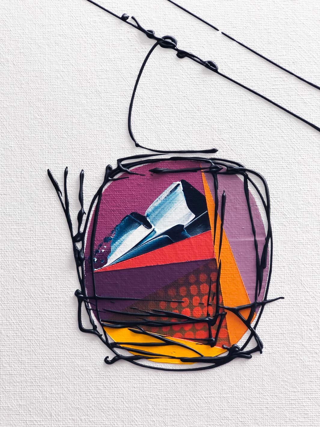 Close-up detail of colourful cable car in a ski resort on white background by artist Hannah van Bergen