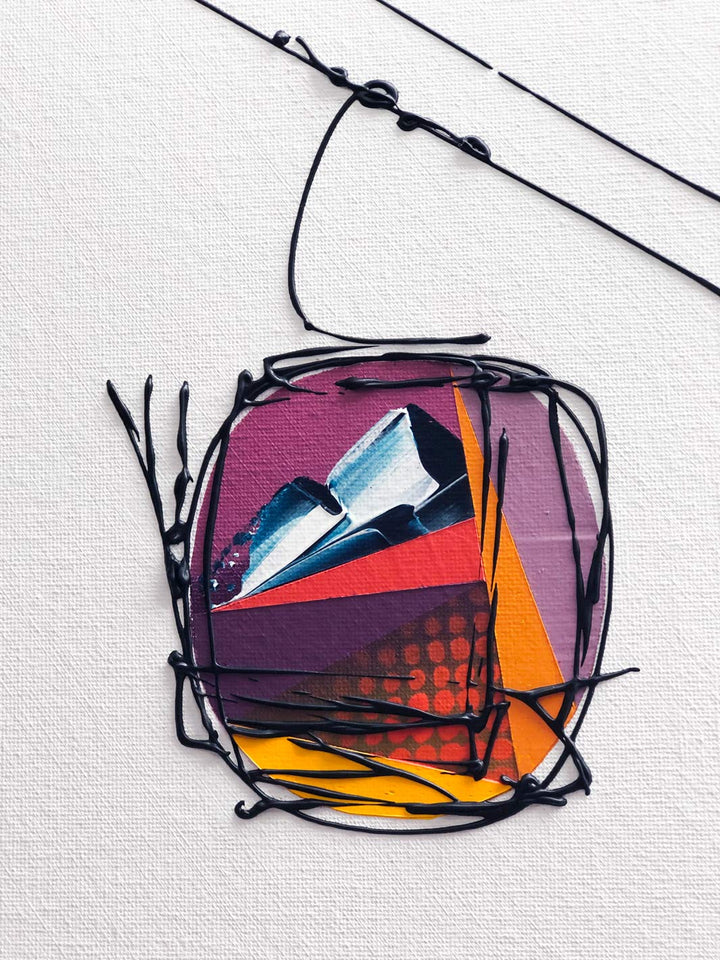 Close-up detail of colourful cable car in a ski resort on white background by artist Hannah van Bergen