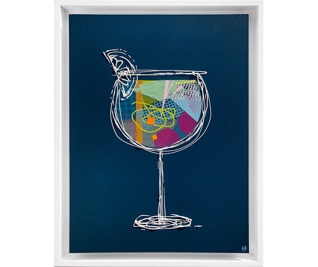 Framed painting of a colourful, textured cocktail glass on a petrol blue background with a white frame by artist Hannah van Bergen