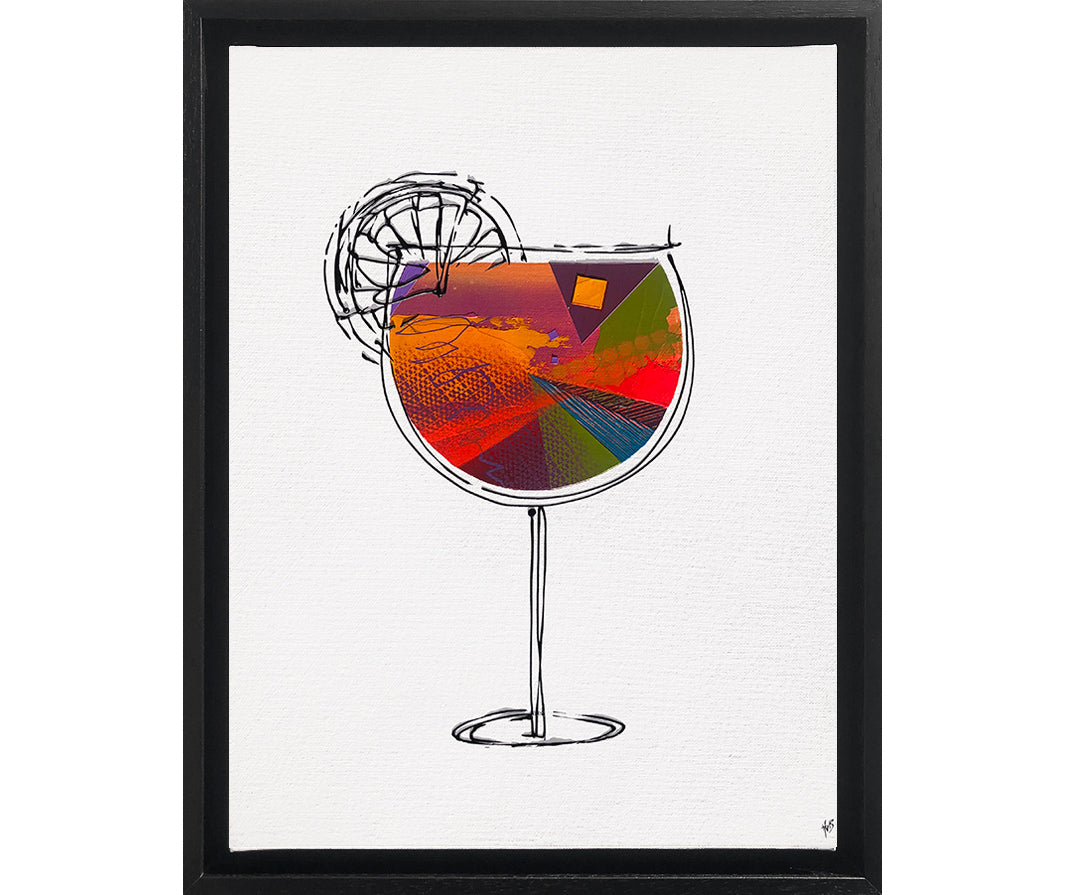 Framed painting of a colourful, textured cocktail glass on a white background with a black frame by artist Hannah van Bergen