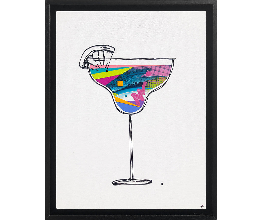 Framed painting of a colourful, textured cocktail glass on a white background with a black frame by artist Hannah van Bergen