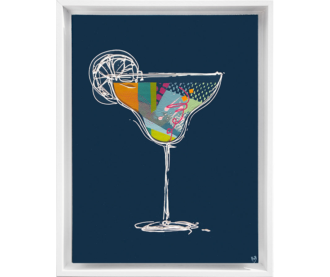 Framed painting of a colourful, textured cocktail glass on a petrol blue background with a white frame by artist Hannah van Bergen