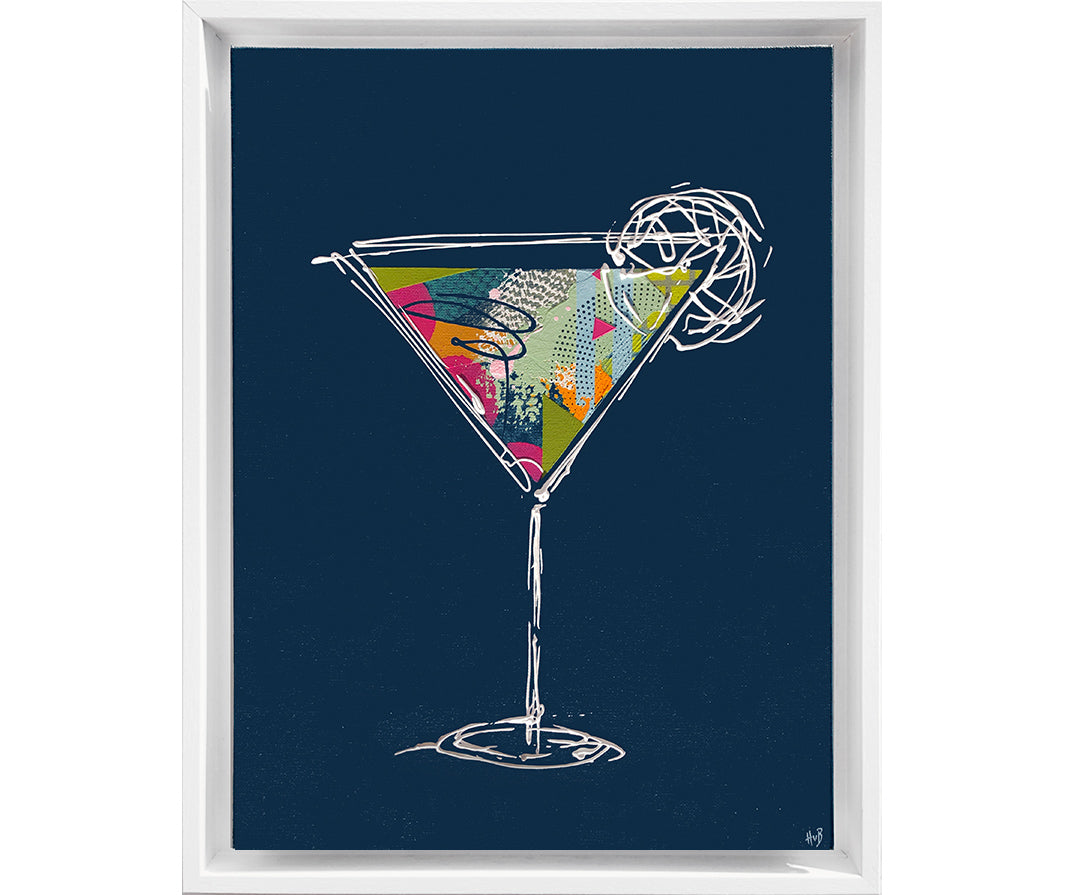 Framed painting of a colourful, textured cocktail glass on a petrol blue background with a white frame by artist Hannah van Bergen