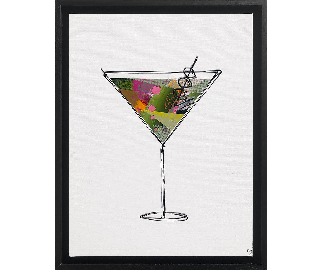 Framed painting of a colourful, textured cocktail glass on a white background with a black frame by artist Hannah van Bergen