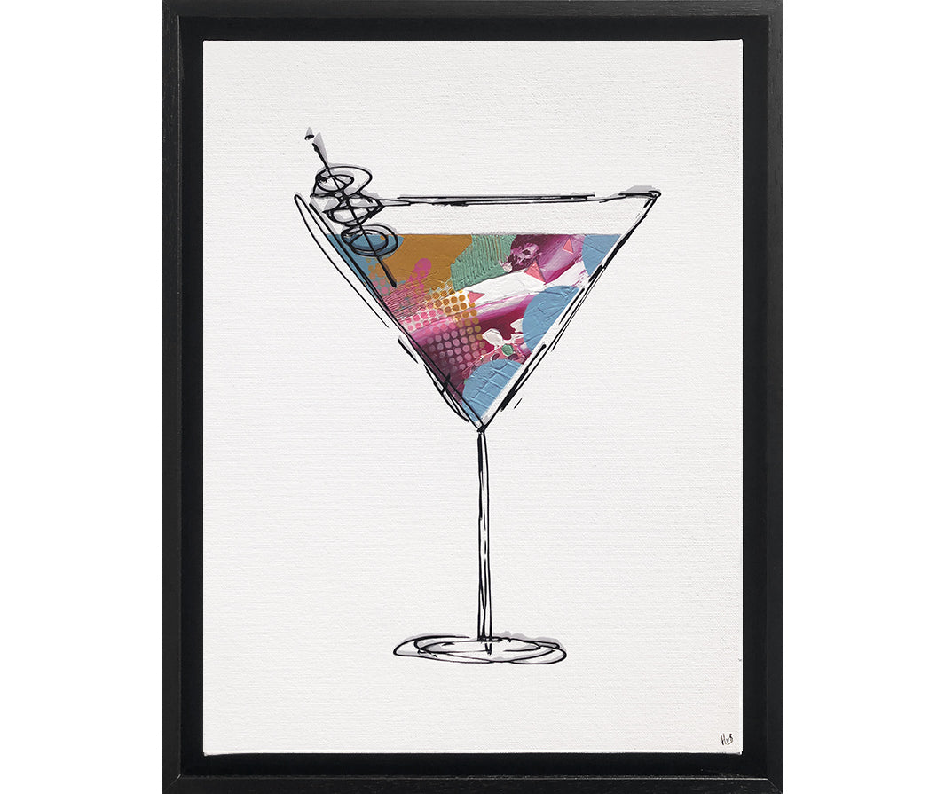 Framed painting of a colourful, textured cocktail glass on a white background with a black frame by artist Hannah van Bergen